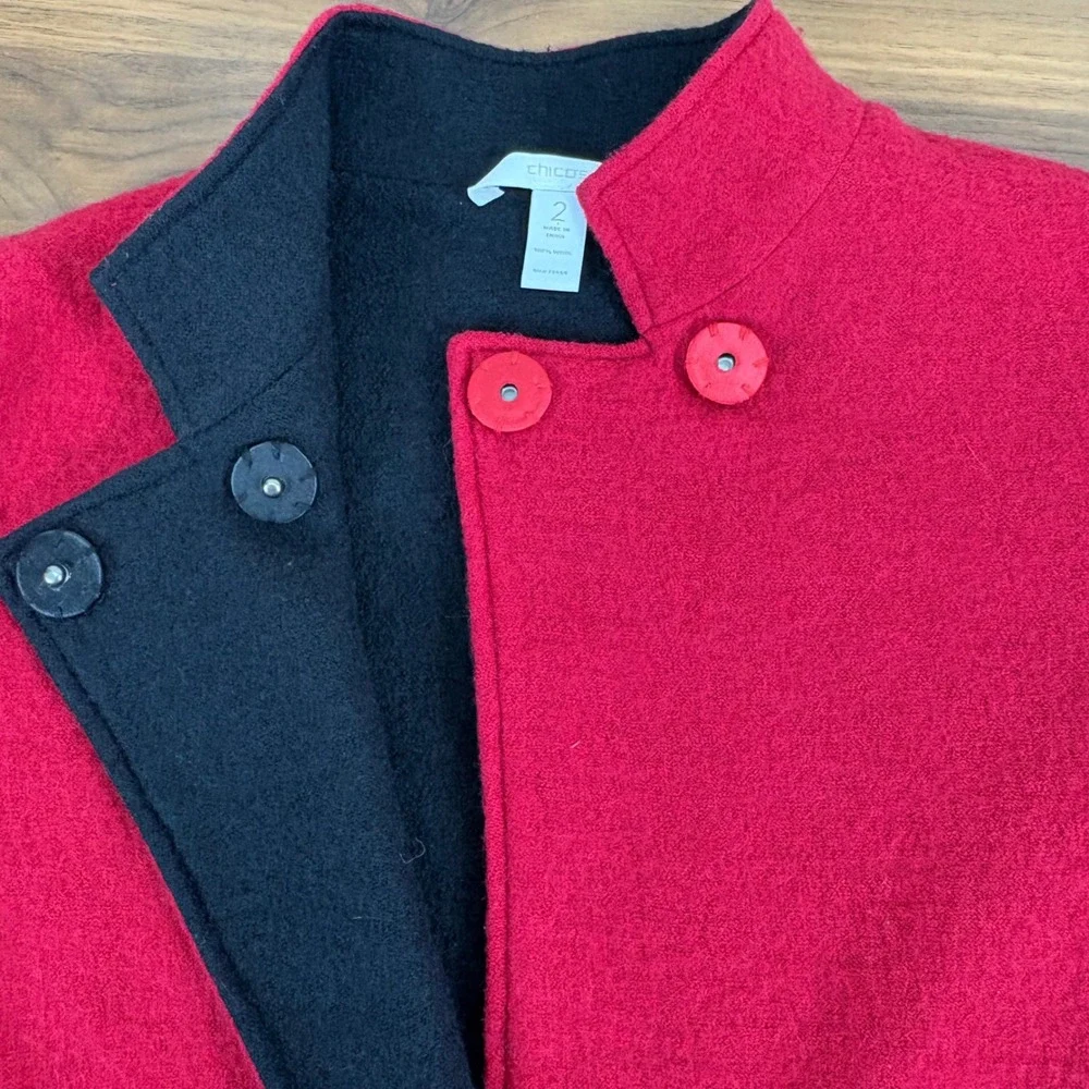 Chicos Red Black Reversible 100% Wool Mandarin Collar Jacket Blazer Sz 2/US 12‎